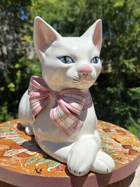 VTG Port O Cale Italy White Ceramic Cat Figurine Pink Plaid Bow Hand Painted MCM
